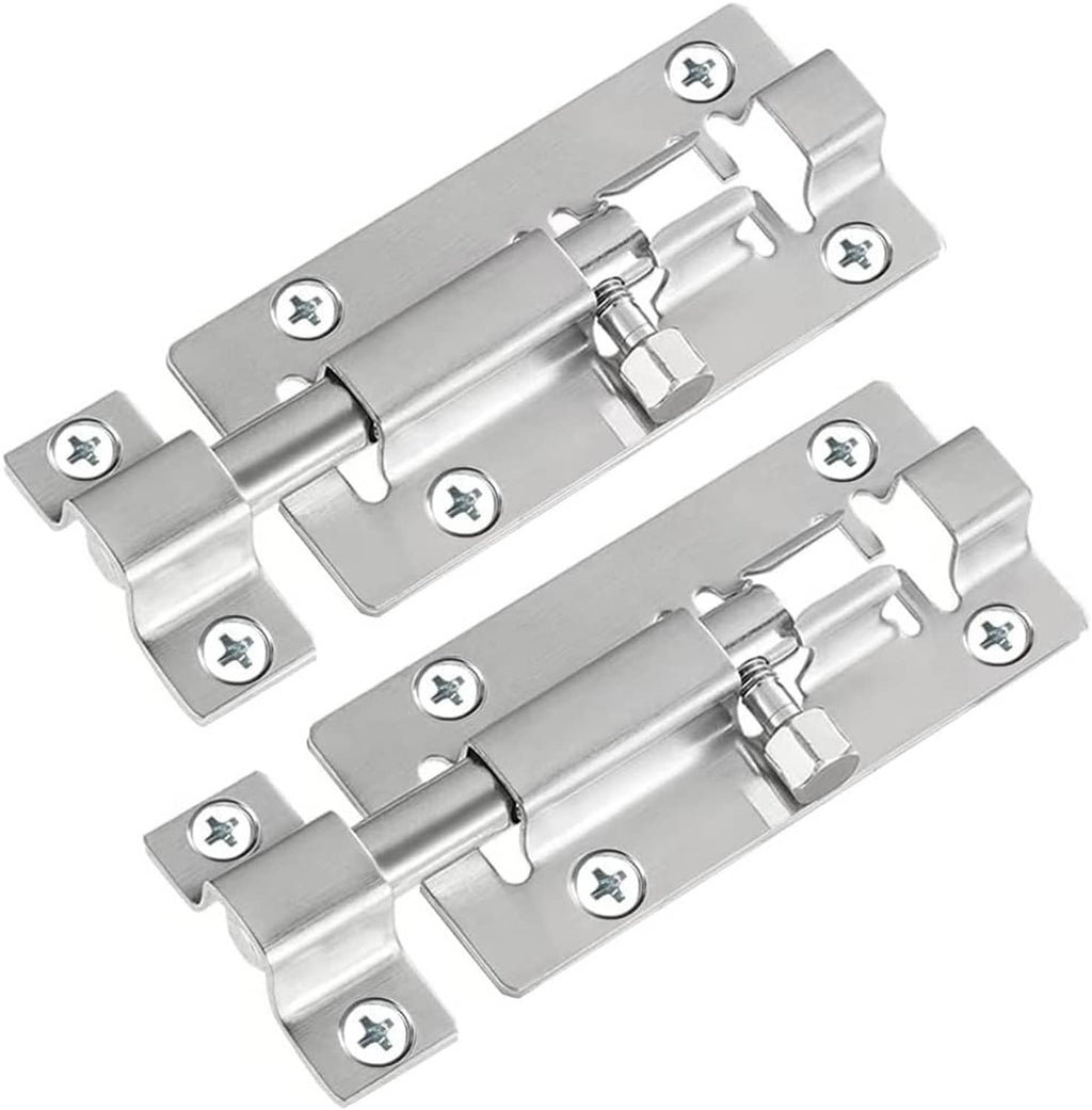 Two-pack stainless steel barrel bolt slide latches with screw holes and brackets