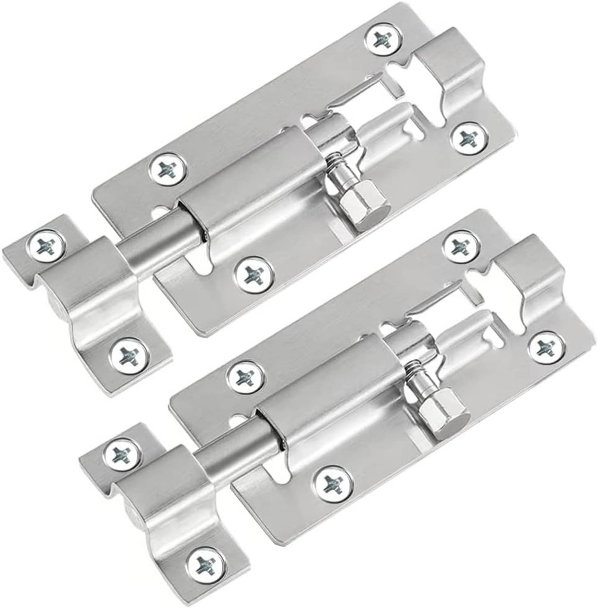 Two-pack stainless steel barrel bolt slide latches with screw holes and brackets