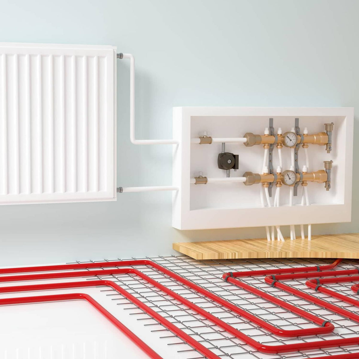 Brass clamp-style straight-through pipe fittings on tubing with manifold-style connections