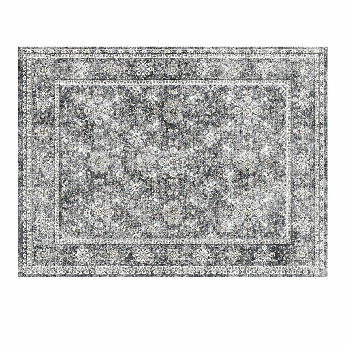 Gray vintage area rug close-up with intricate floral medallion pattern and border
