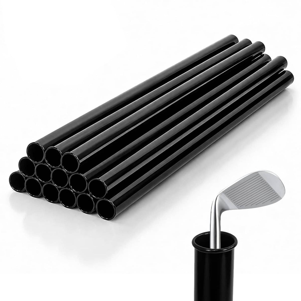 Set of black plastic golf club tubes, multiple rounded cylinders