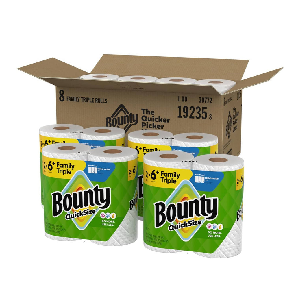 Bounty Quick-Size 8 Family Triple paper towel rolls in open carton, white rolls