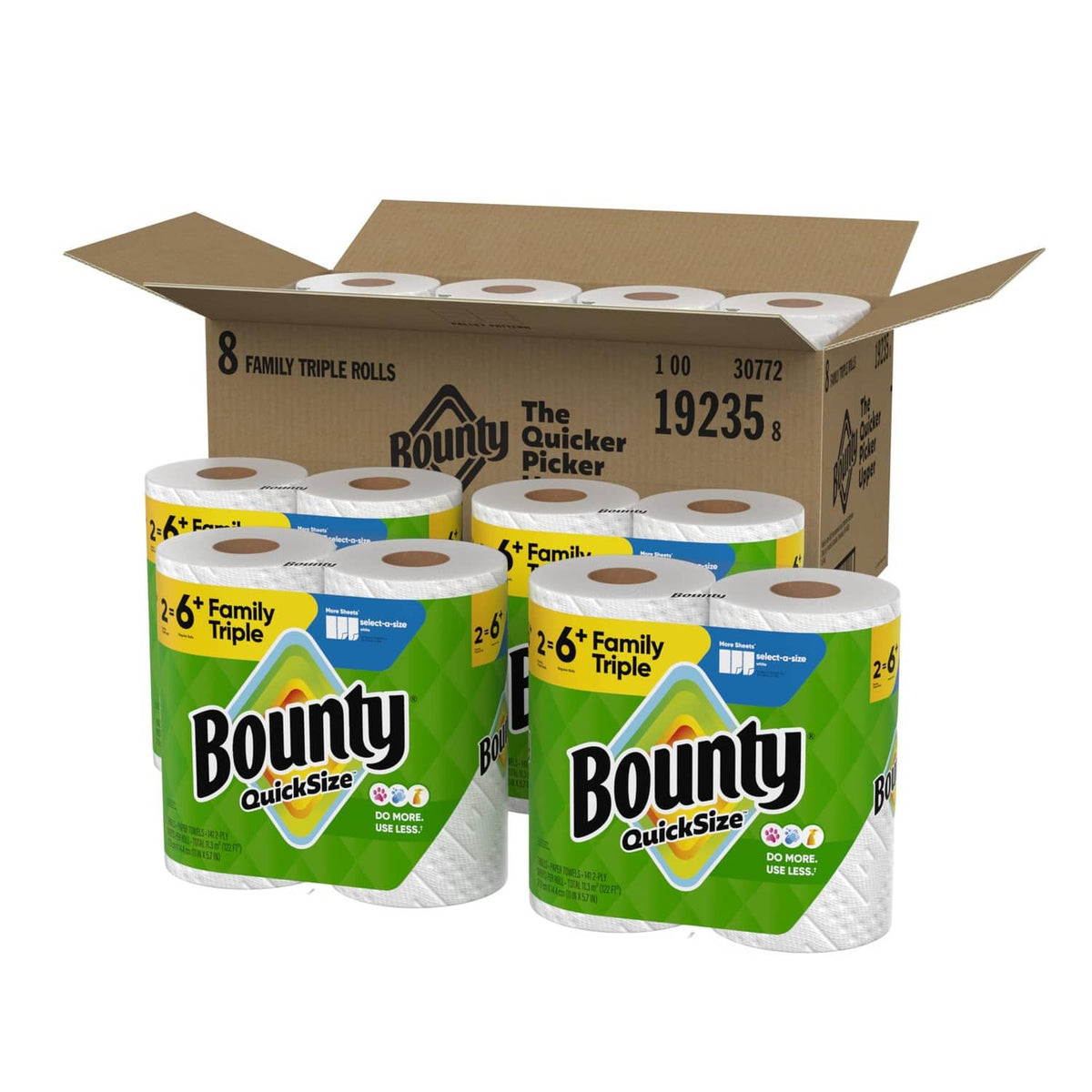 Bounty Quick-Size 8 Family Triple paper towel rolls in open carton, white rolls