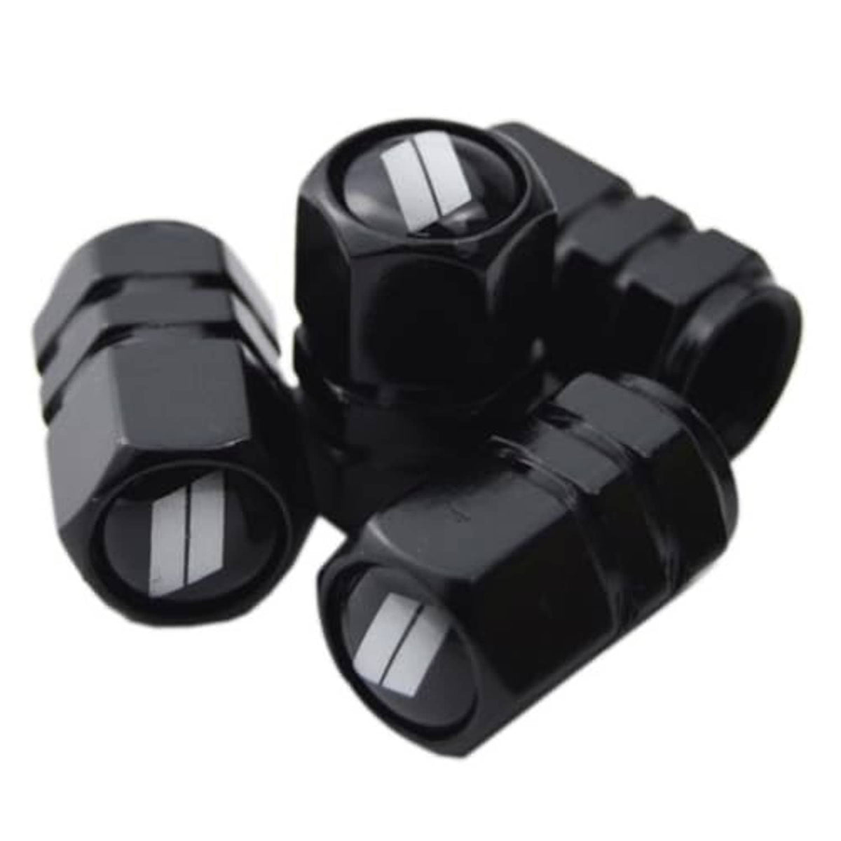 Set of four black valve stem caps with silver stripe slash inserts, angled view