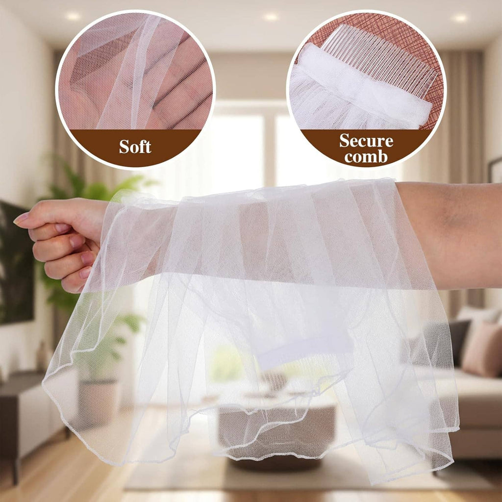 White short tulle veil shown in hand, with comb attachment at the top edge