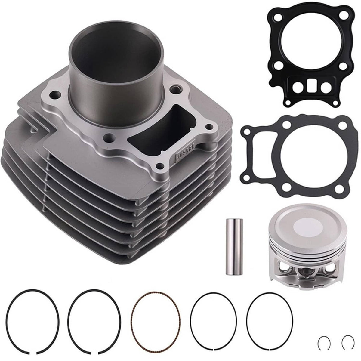 Motorcycle cylinder kit with finned cylinder, piston, head gasket, piston pin and rings