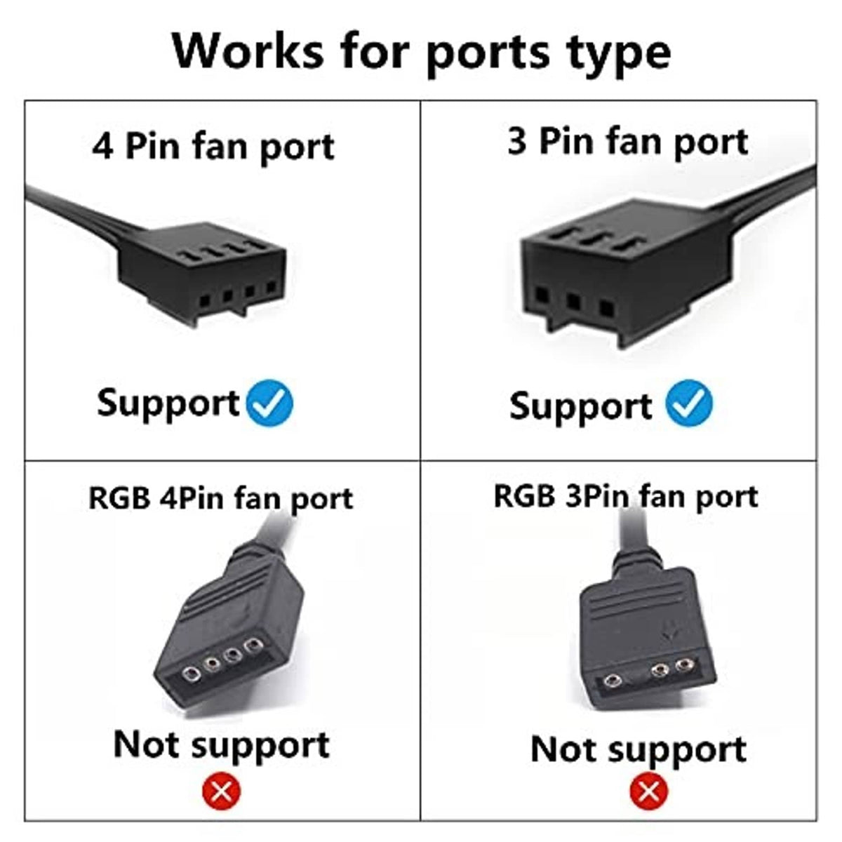 Fan port adapter leads showing 4-pin and 3-pin connector compatibility