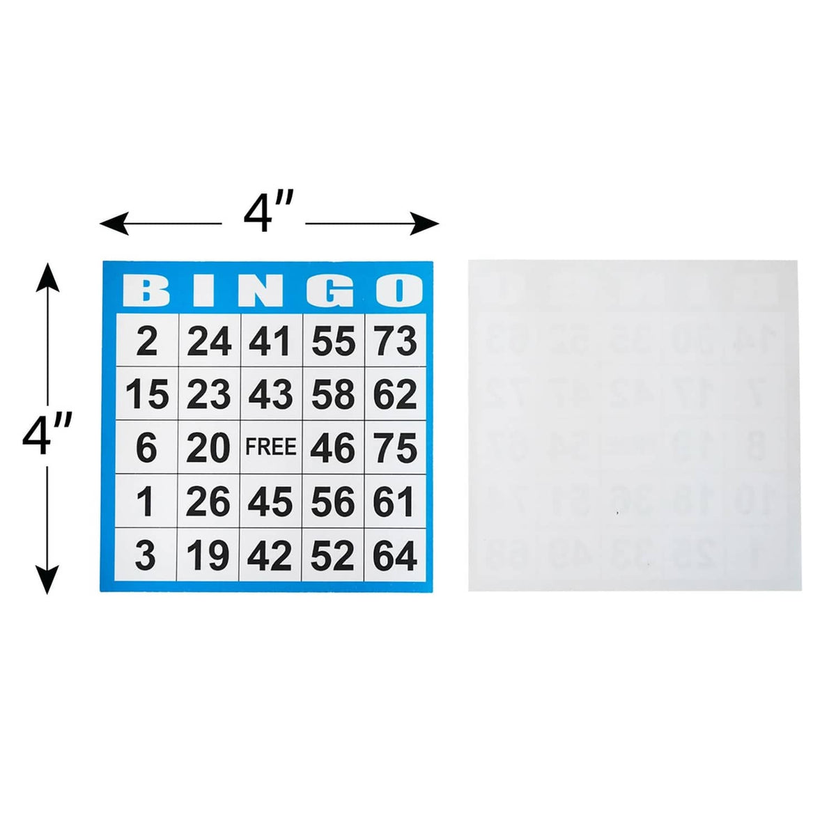 Blue Bingo card with numbered grid and FREE square; size marked 4 in.
