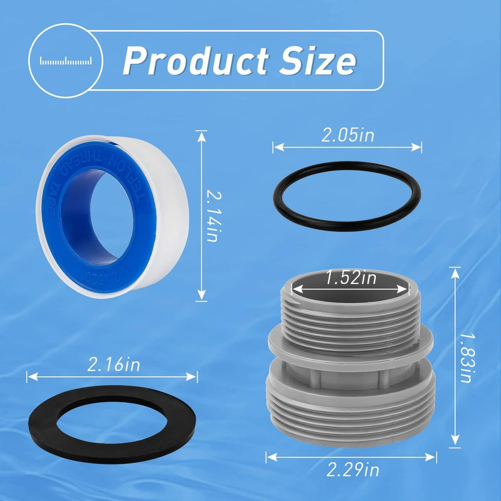 Hose adapter kit size view: gray threaded couplers, black gasket rings, blue connector