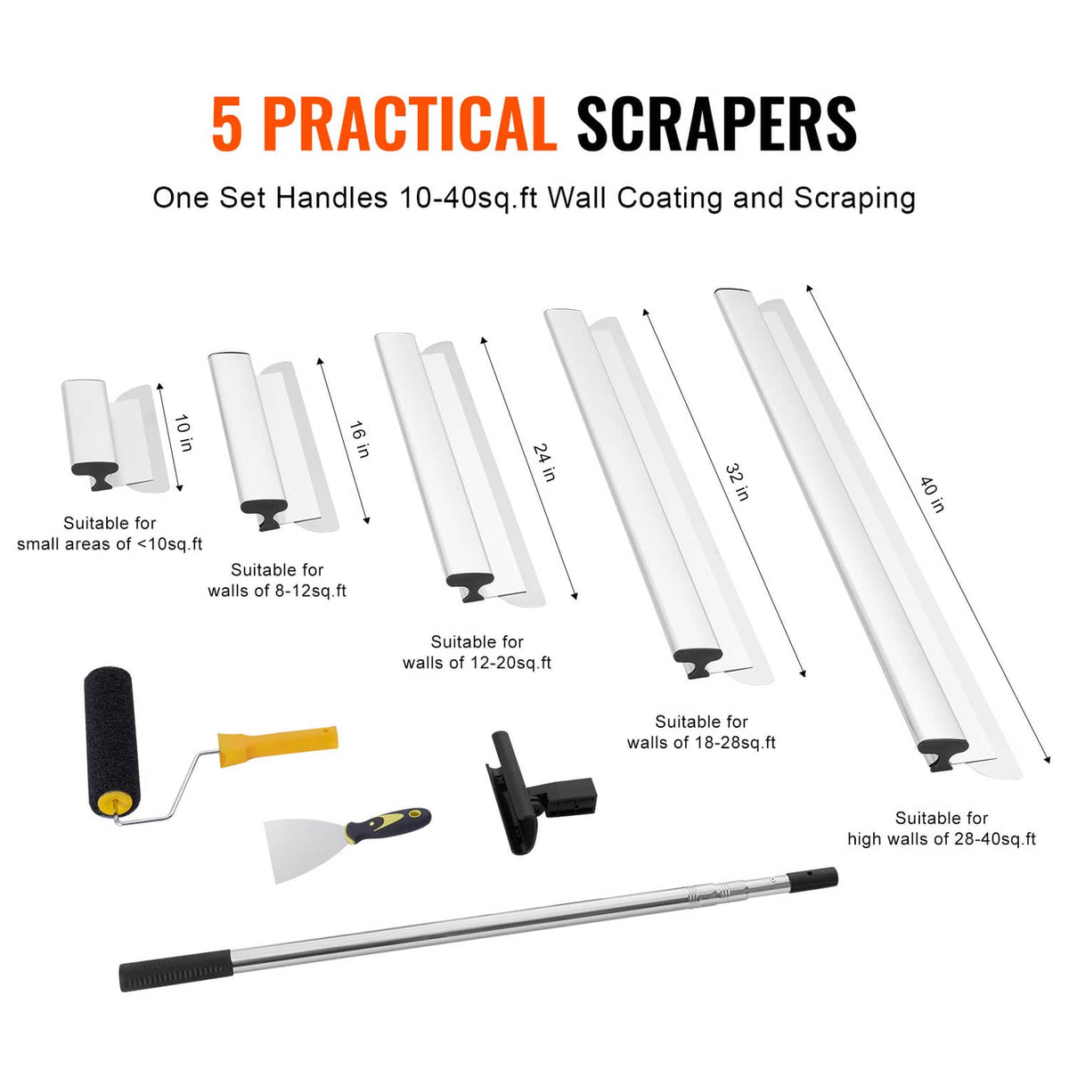 Drywall scraper blade set with multiple white blades, small tool, roller, and metal handle