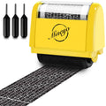 Yellow roller stamp with black ink roller, releasing a continuous strip of stamped text