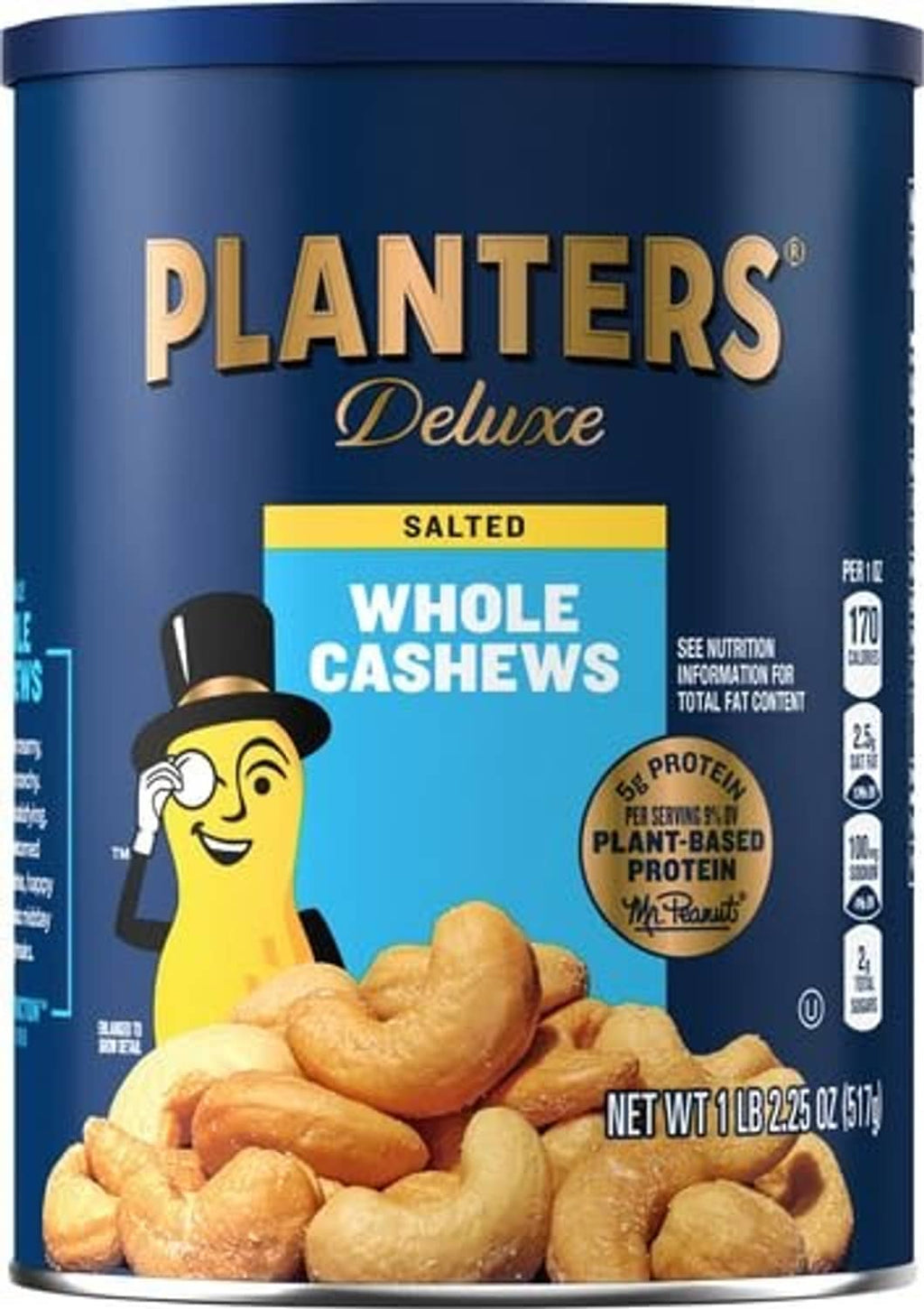 Blue canister of salted whole cashews with Deluxe branding and cashew illustration