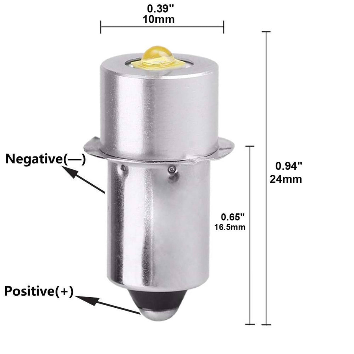 P13.5S LED bulb dimensions diagram, silver metal body with clear lens