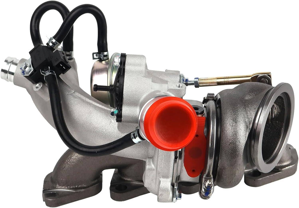 Turbocharger with red circular inlet cover, black wiring, and silver cast housing
