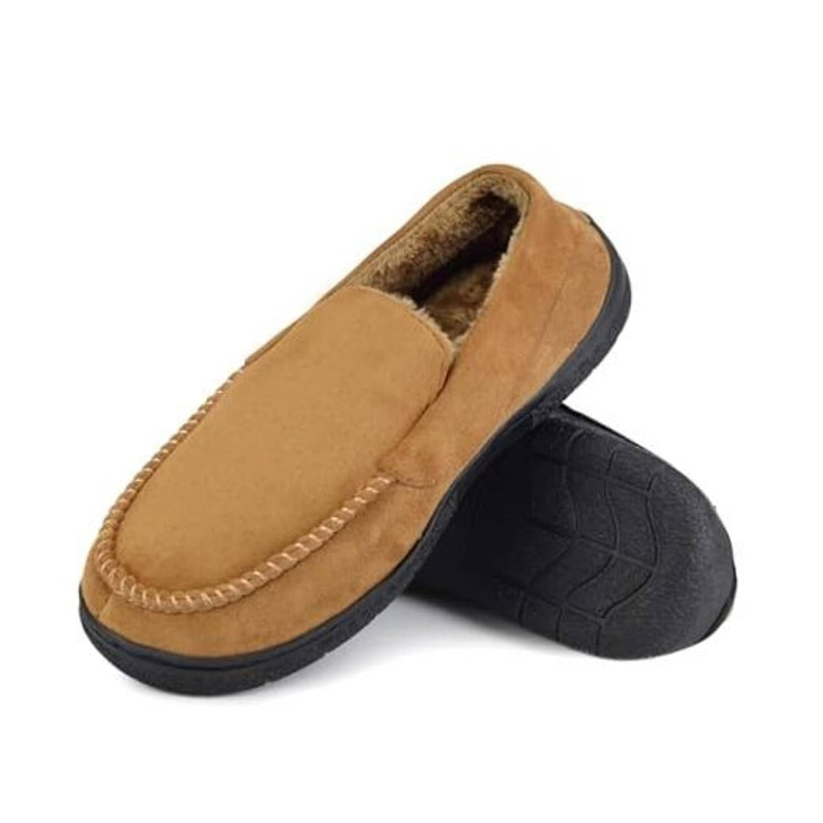 Brown suede-style slip-on moccasin slippers with plush lining and black sole