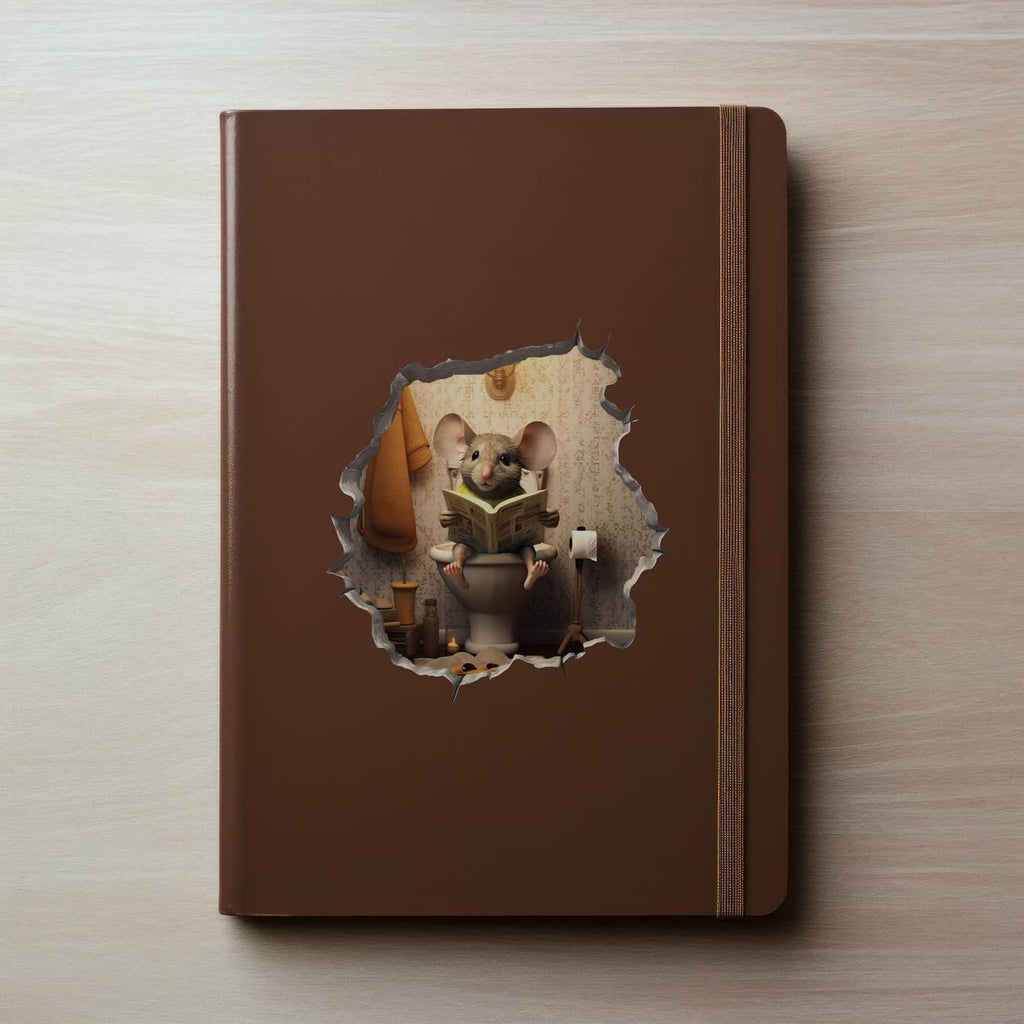 Mouse in toilet-hole decal sticker with brown toilet scene and gray torn-edge border