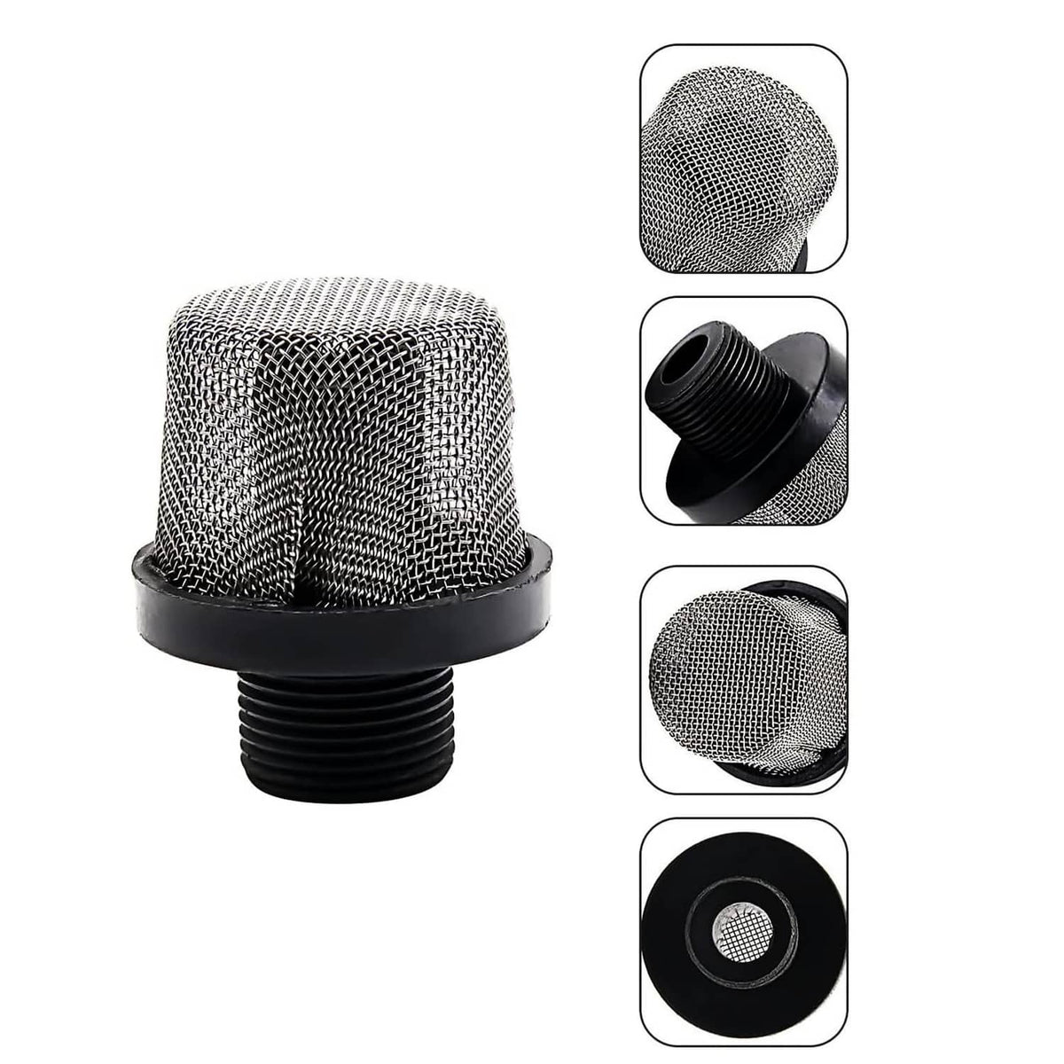 Steel mesh suction strainer with black threaded base, close-up mesh detail