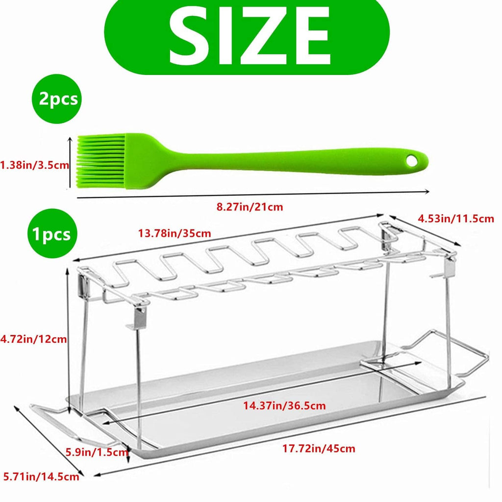 Stainless steel 14-slot chicken leg rack with drip tray and green basting brush