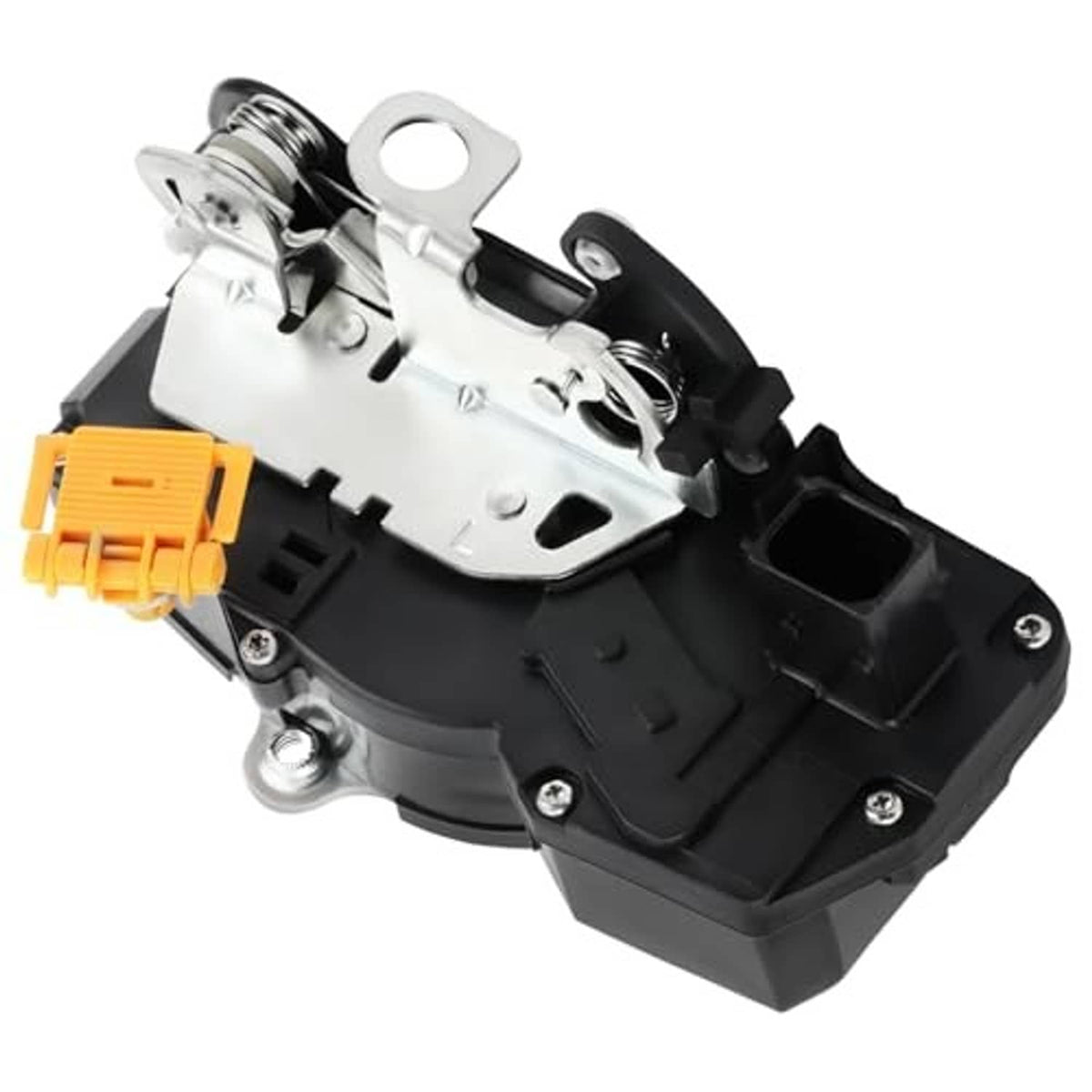 Door lock actuator motor with silver latch plate, black body, and orange connector