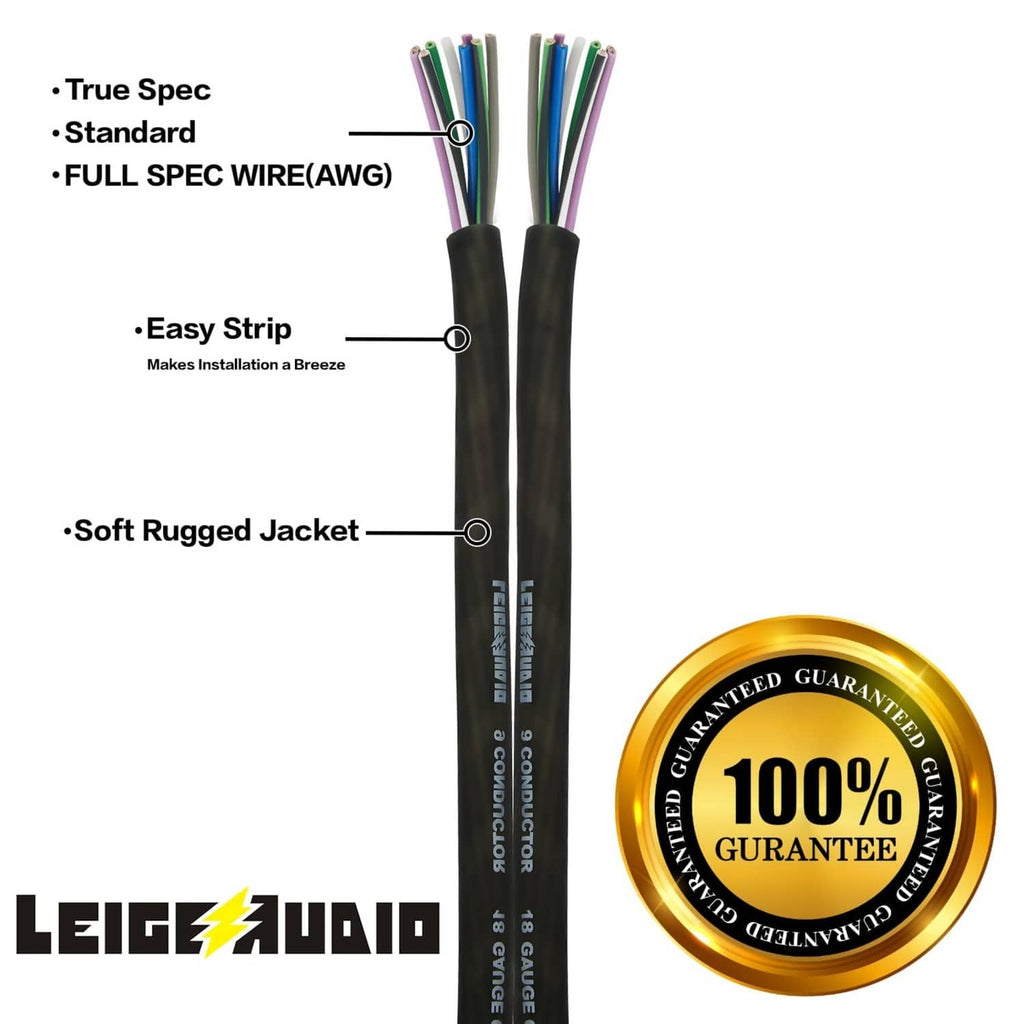 Two lengths of black 9-conductor speaker wire with color-coded inner strands