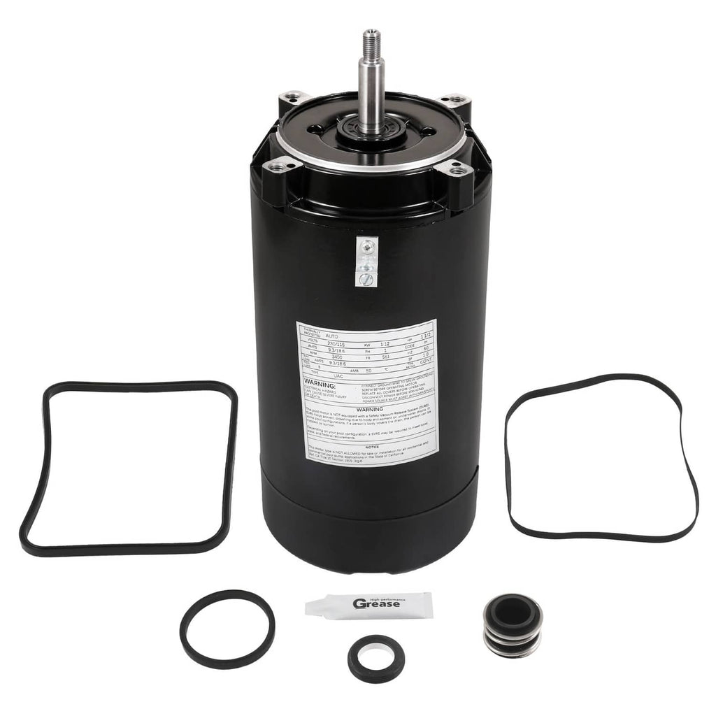 Black pool pump motor with stainless steel shaft and mounting flanges