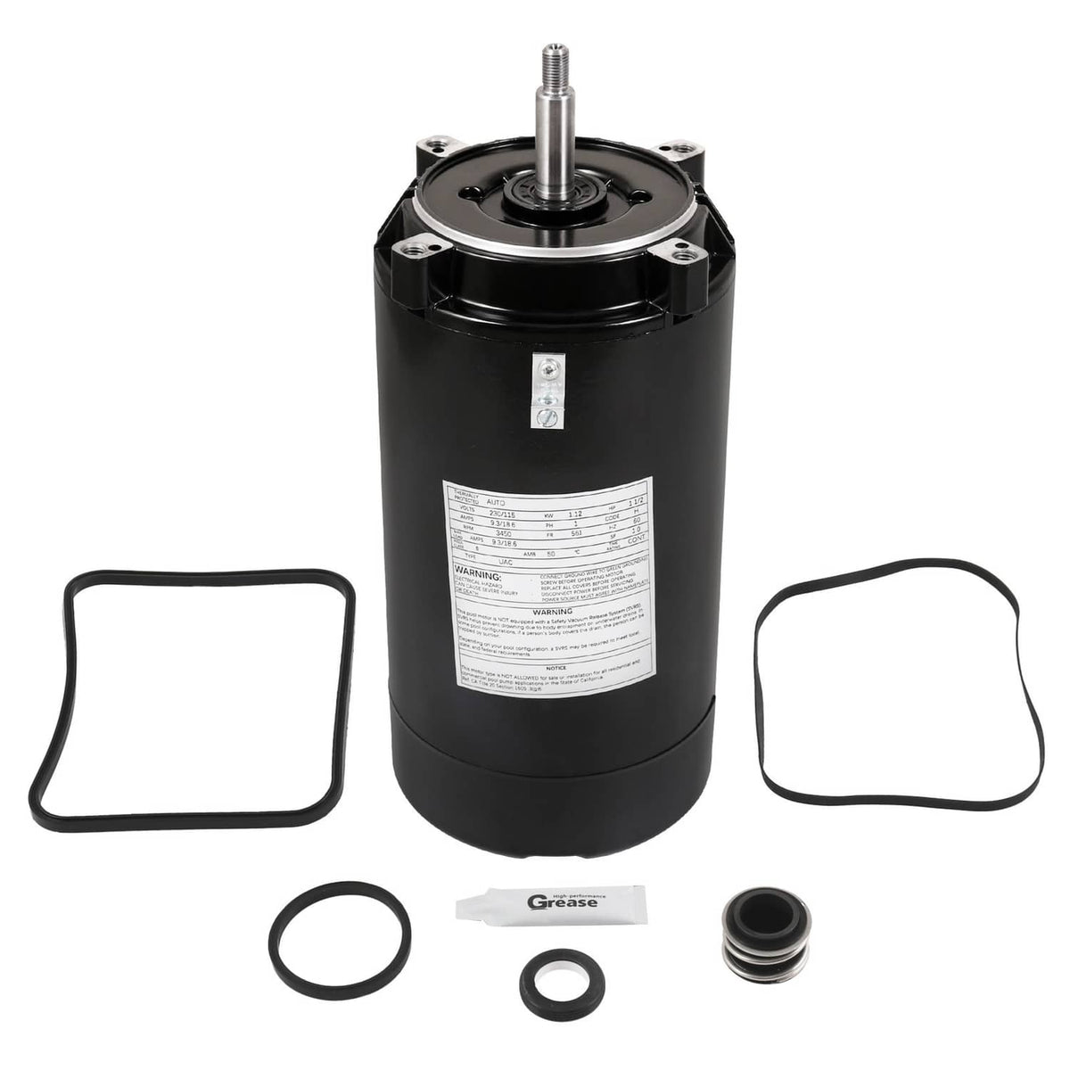 Black pool pump motor with stainless steel shaft and mounting flanges