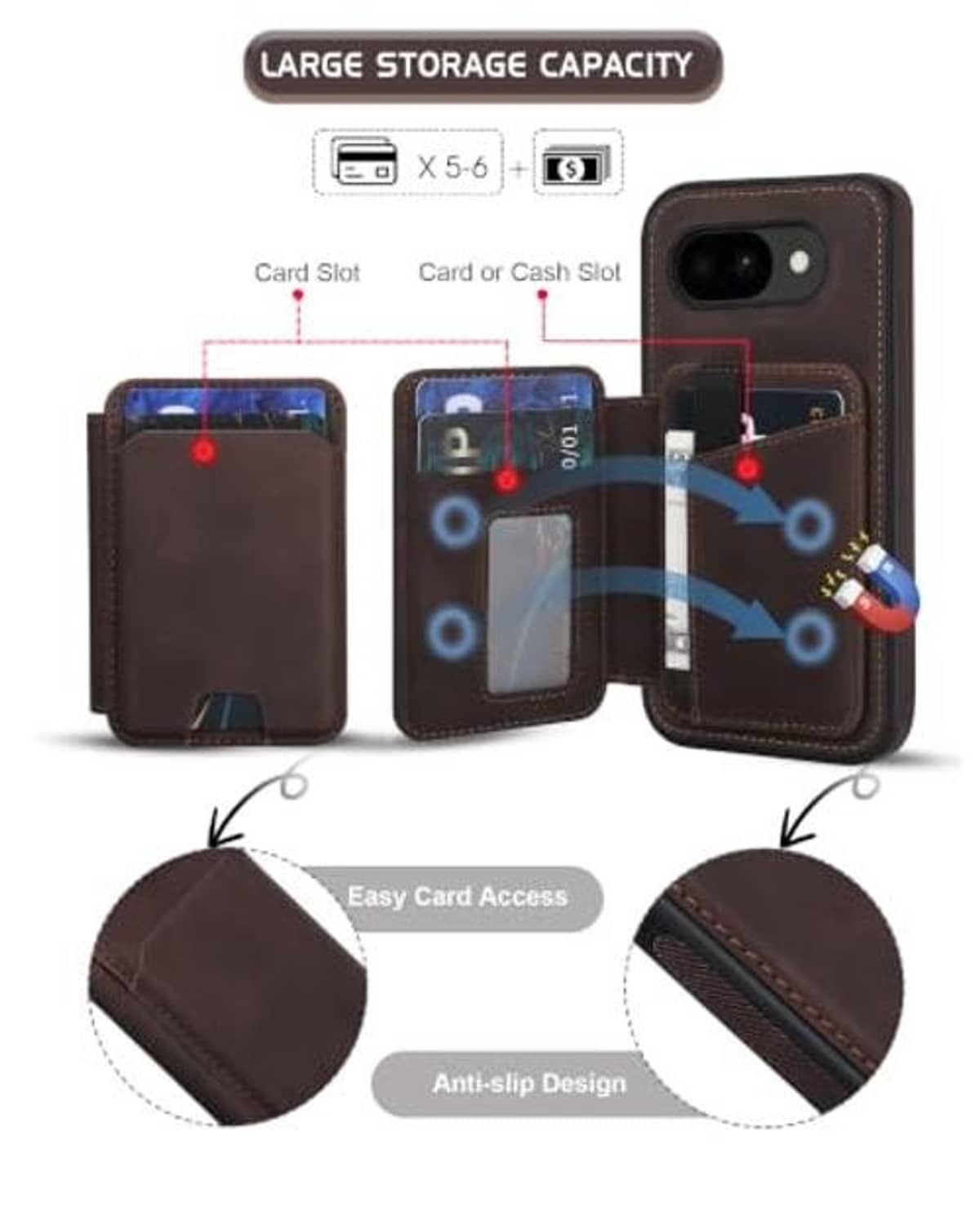 Brown detachable wallet phone case showing card and cash storage layout