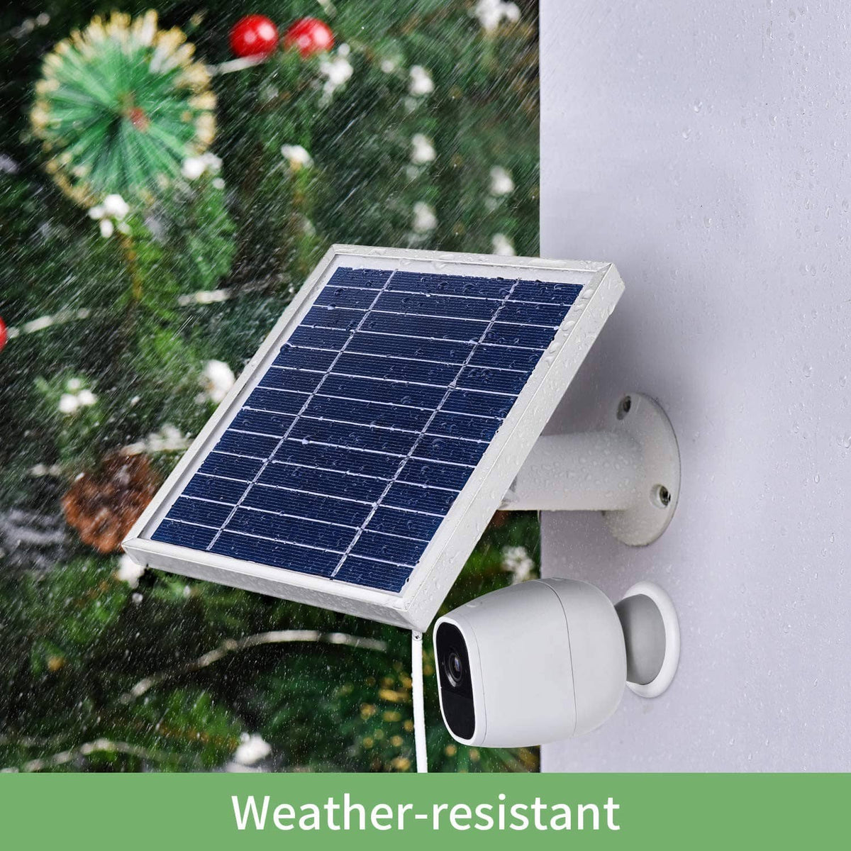 White weather-resistant solar panel attached to an outdoor wall with a security camera