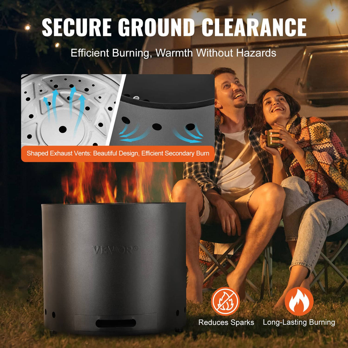 VEVOR smokeless fire pit stove with vent holes, flames burning inside round black body
