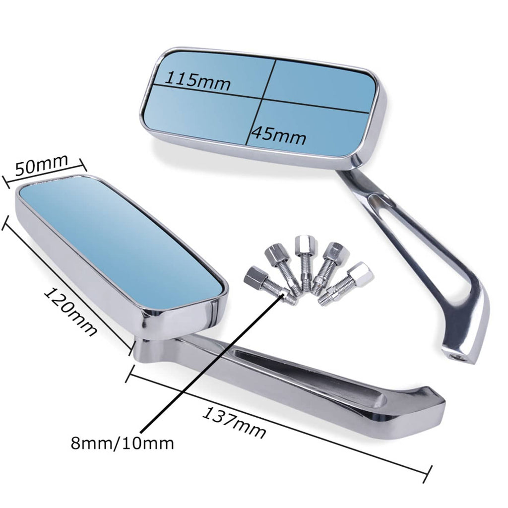 Rectangle chrome mirrors with blue tinted glass, size diagram and included mounting bolts