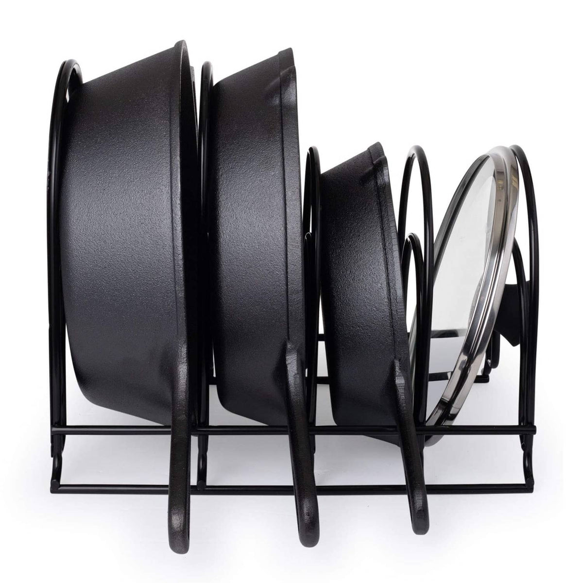 Black metal pan organizer rack with five tiers holding multiple black pans