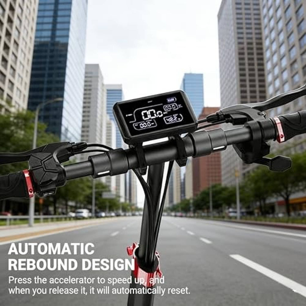 Handlebar-mounted thumb throttle with small display module and connected cables.
