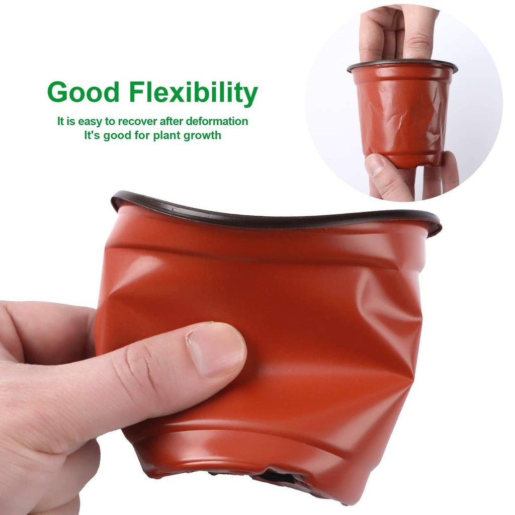 Red plastic seedling pot held in hand, showing flexible sidewalls and rim