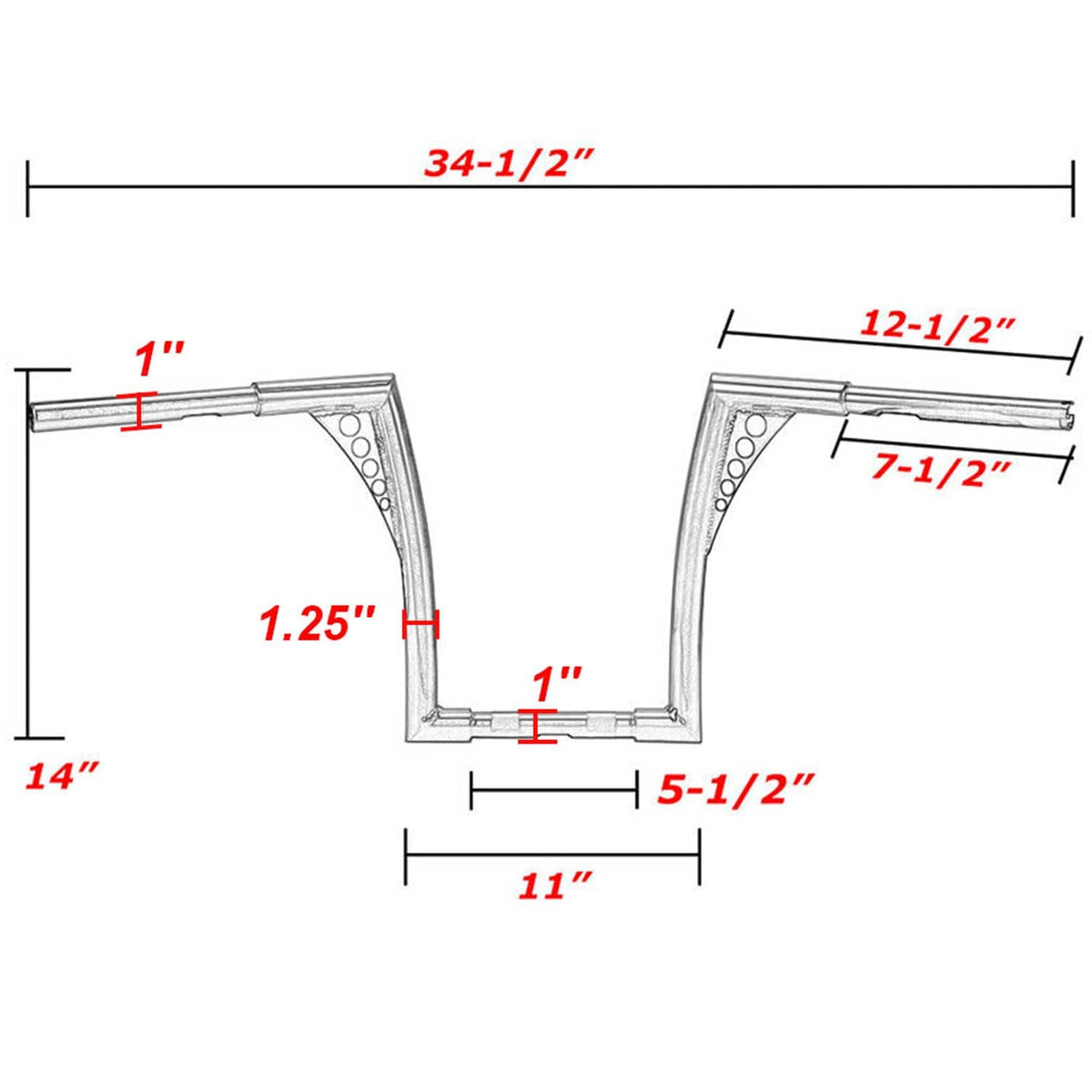 Ape hanger handlebar dimension diagram with 14-inch rise and 34-1/2-inch width