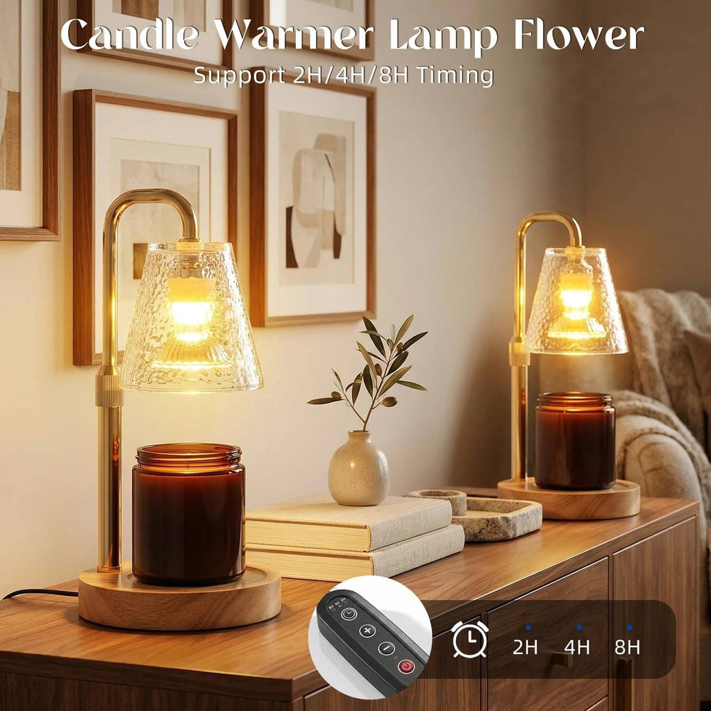 Candle warmer lamp with gold frame, clear glass shade, wooden base and remote