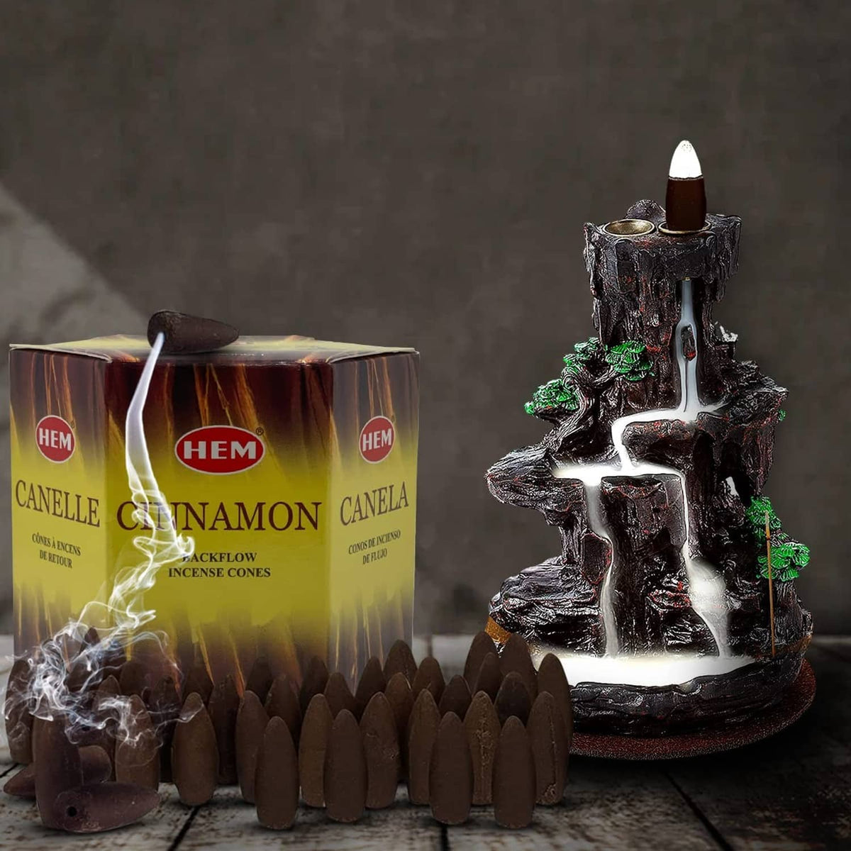 Backflow incense set with dark brown cones and a smoke waterfall-style incense holder