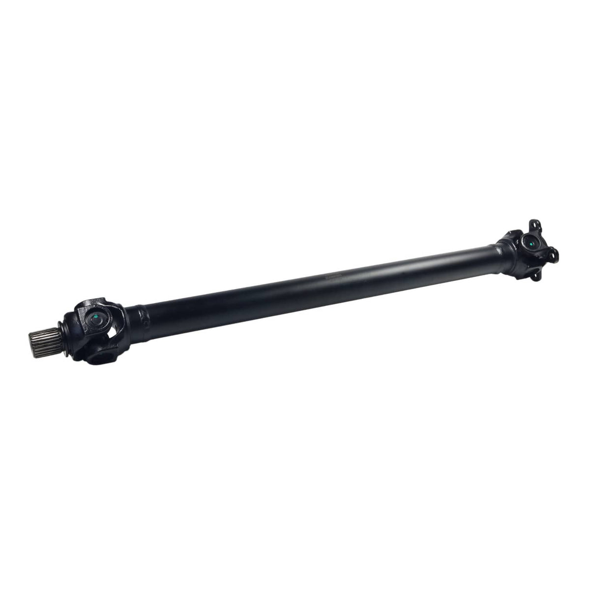Black front driveshaft with right-side yoke and left-side splined end