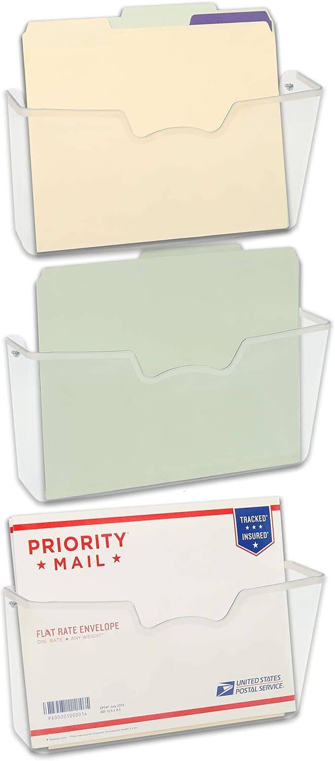 Set of 3 clear wall-mount document holders with beige, green, and a Priority Mail envelope