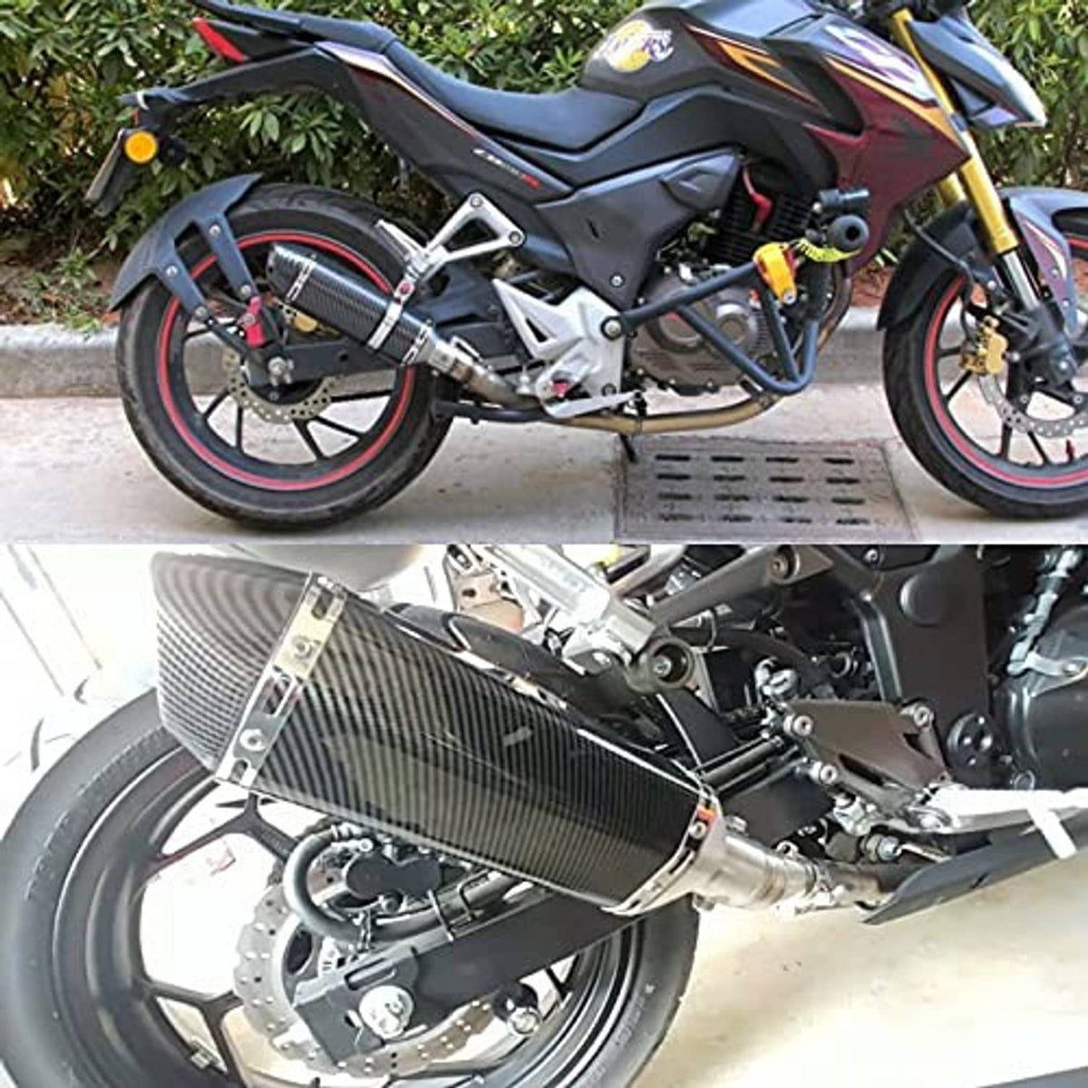 Motorcycle with carbon fiber-look slip-on exhaust muffler mounted near rear wheel.