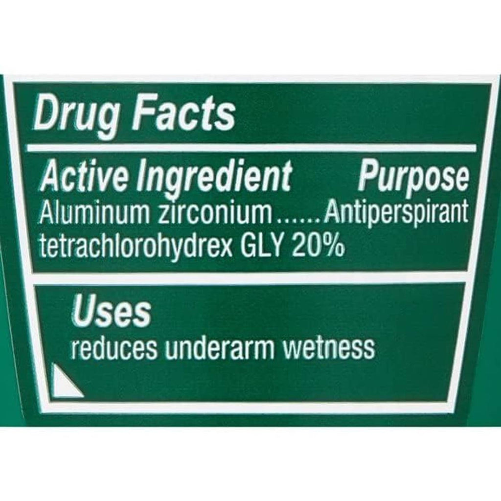 Close-up of green Drug Facts label on antiperspirant roll-on