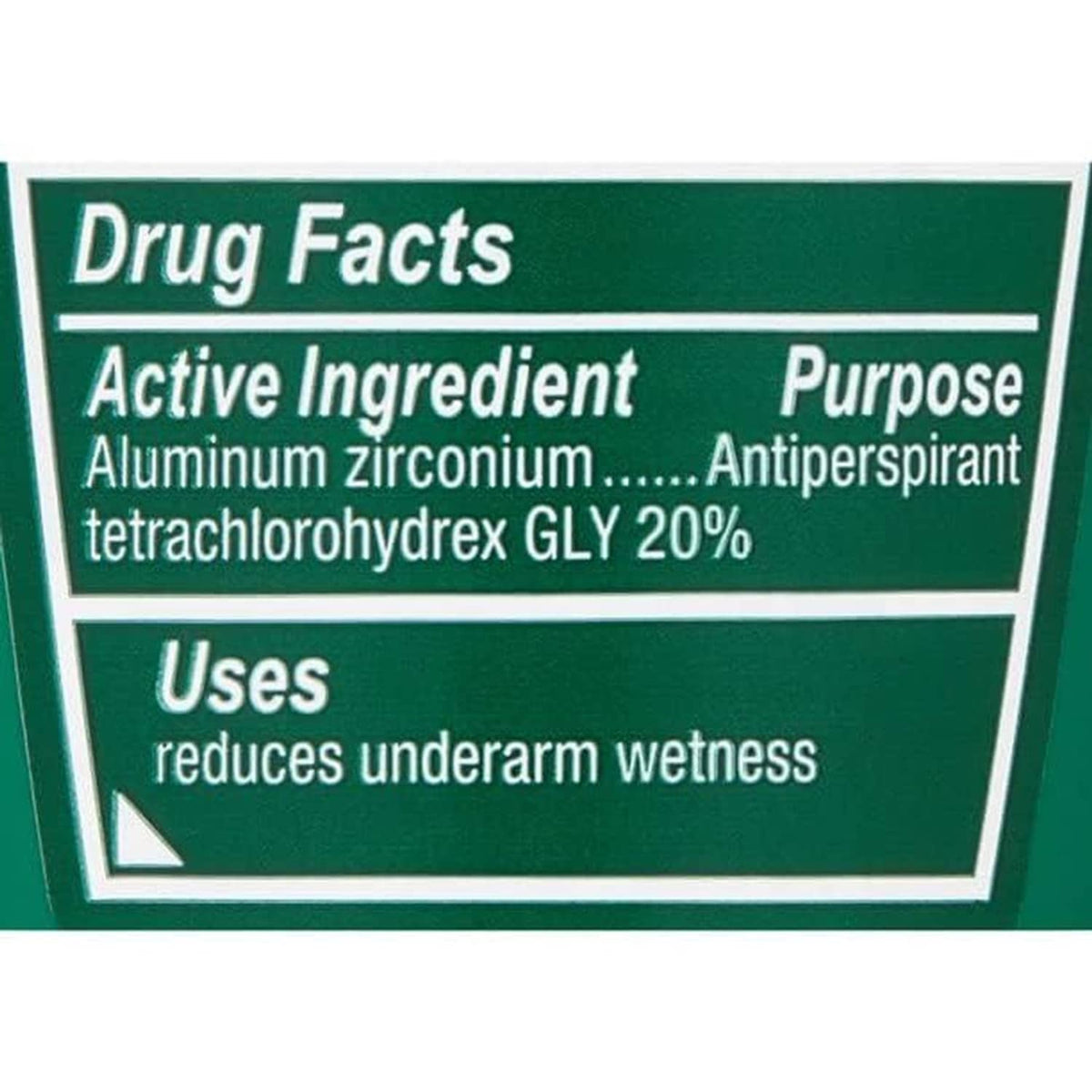 Close-up of green Drug Facts label on antiperspirant roll-on