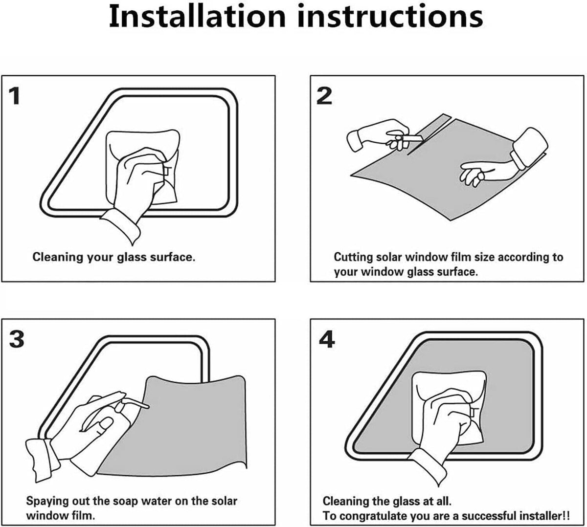 Window tint installation instruction cards showing cleaning and cutting steps