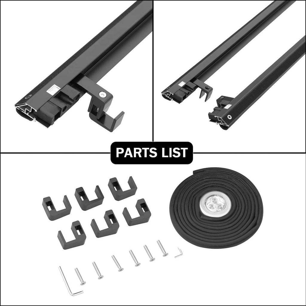 Tonneau cover parts kit for installation: rails, clips, seal, and hardware