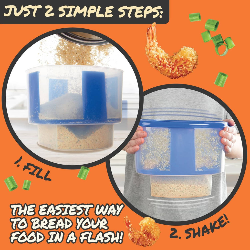 Blue and white Better Breader bowl with snap-on lid for easy shaking