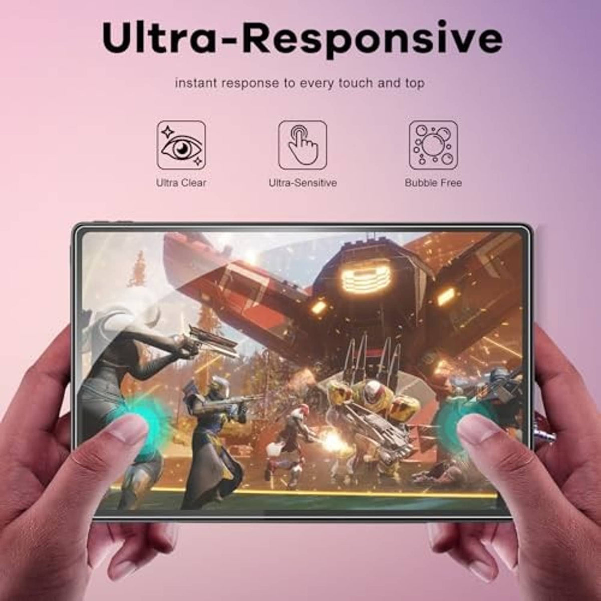 Ultra-responsive clear tempered glass screen protector on tablet with finger taps