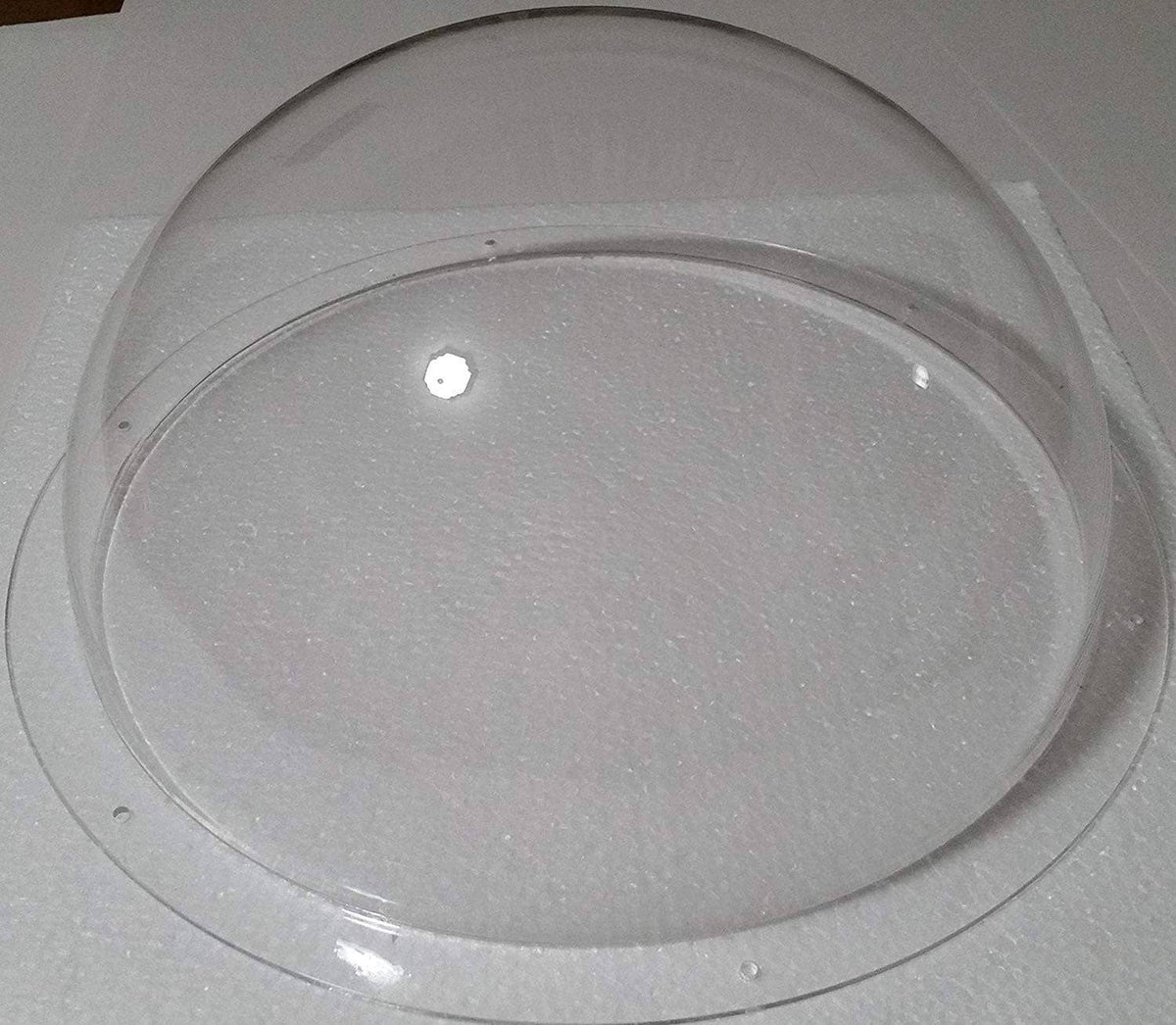 Clear acrylic dome hemisphere with circular rim and smooth transparent surface.