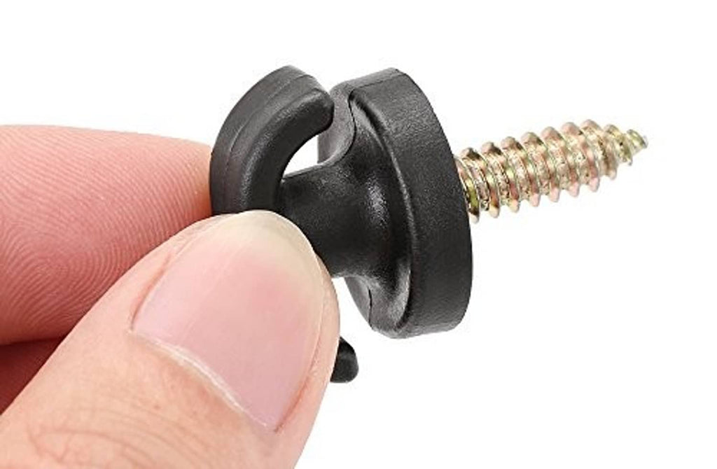 Black cargo net hook with gold mounting screw, close-up