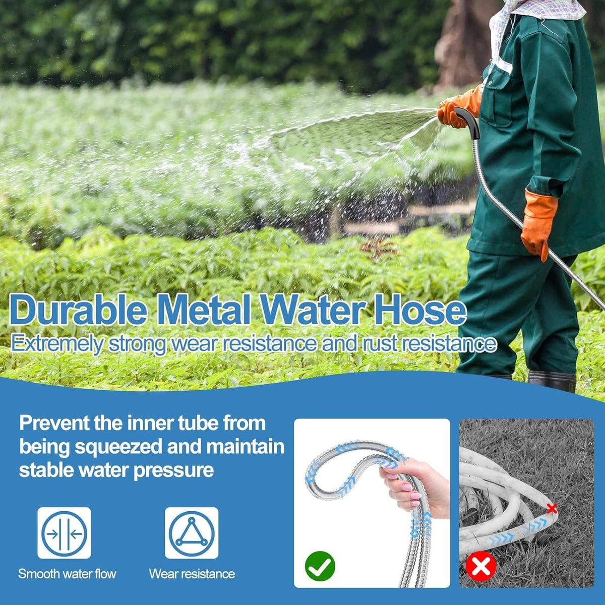 Metal garden hose spraying water from a brass nozzle