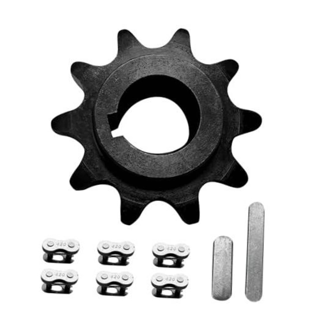 10-tooth chain sprocket, dark metal finish, with mounting pins and plates