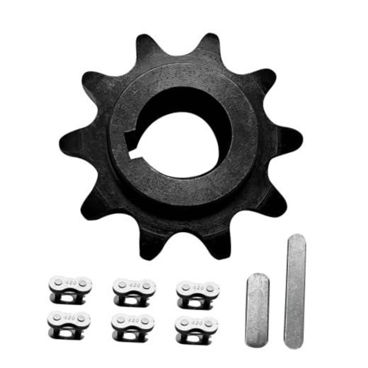 10-tooth chain sprocket, dark metal finish, with mounting pins and plates